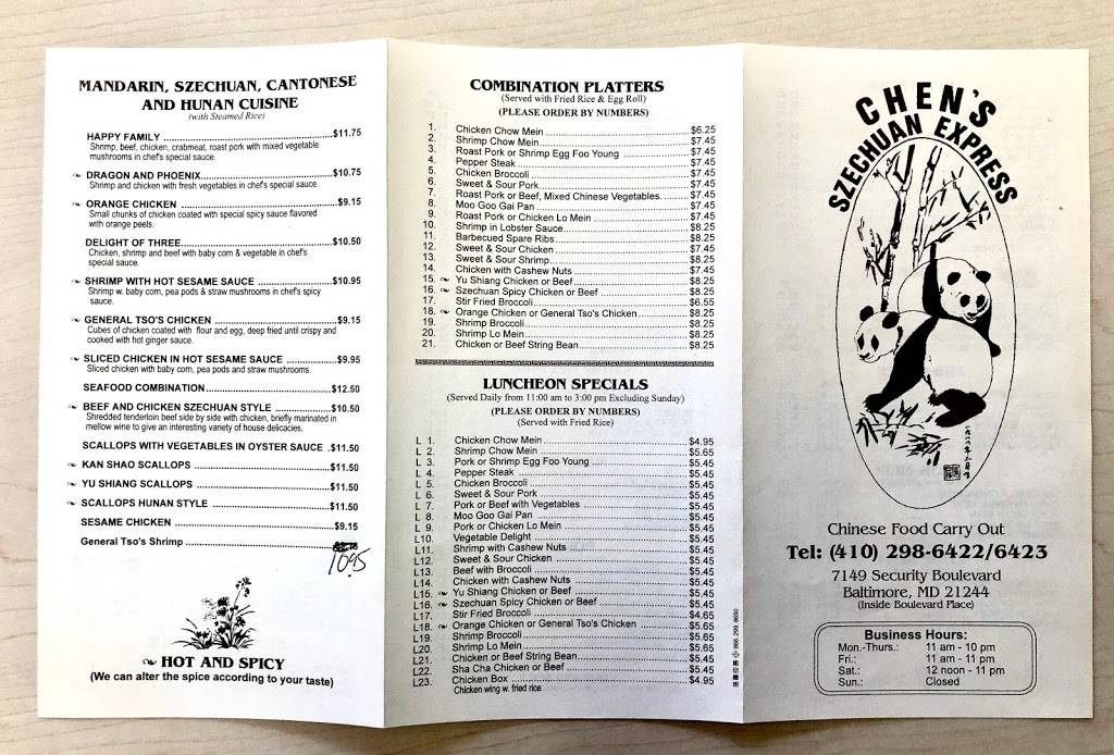 Chens Szechuan Express | restaurant | 1811, 7149 Security Blvd, Windsor Mill, MD 21244, USA | 4102986422 OR +1 410-298-6422