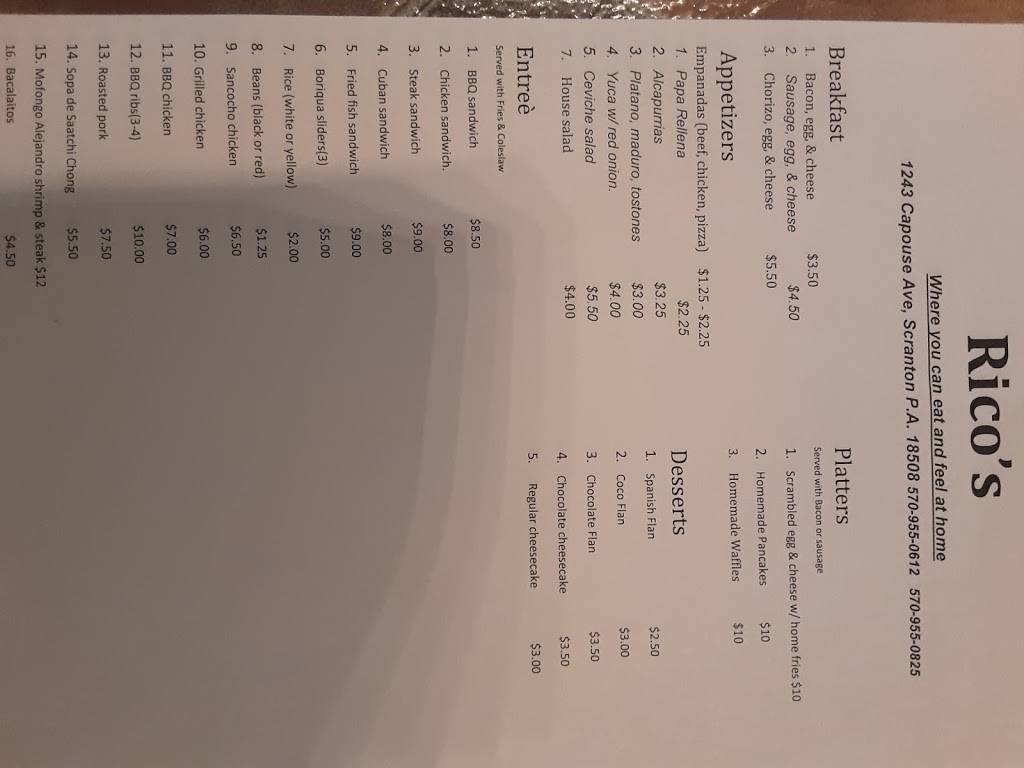 Ricos Spanish and Italian Cuisine LLC | restaurant | 1243 Capouse Ave, Scranton, PA 18509, USA | 5709550612 OR +1 570-955-0612