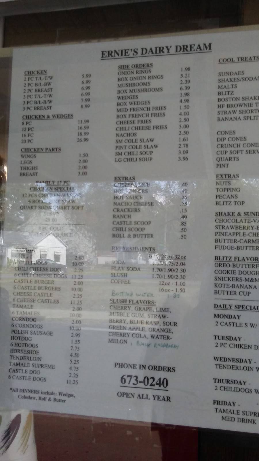 Ernie’s Dairy Dream | restaurant | 2600 SW Jefferson Ave, Peoria, IL 61605, USA | 3096730240 OR +1 309-673-0240
