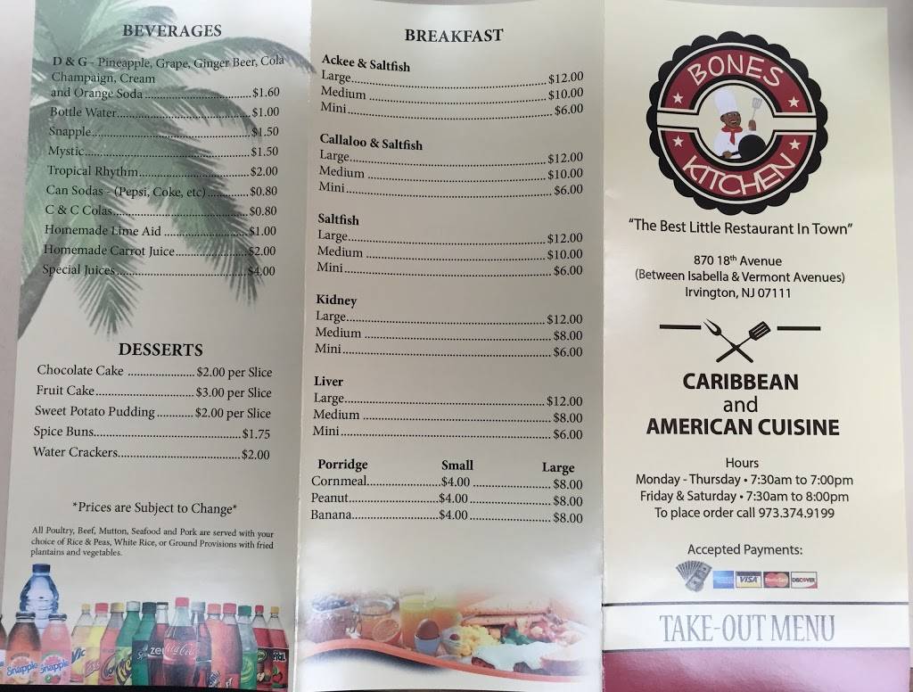 Bones Kitchen Inc | restaurant | 870 18th Ave, Irvington, NJ 07111, USA | 9733749199 OR +1 973-374-9199