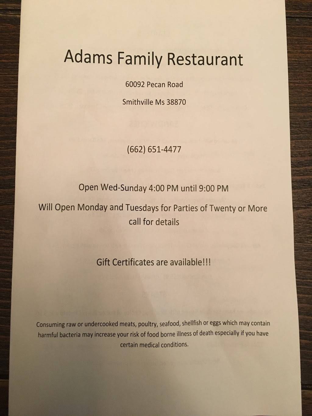 ADAMS FAMILY RESTAURANT | restaurant | 60092 Pecan Rd, Smithville, MS 38870, USA | 6626514477 OR +1 662-651-4477