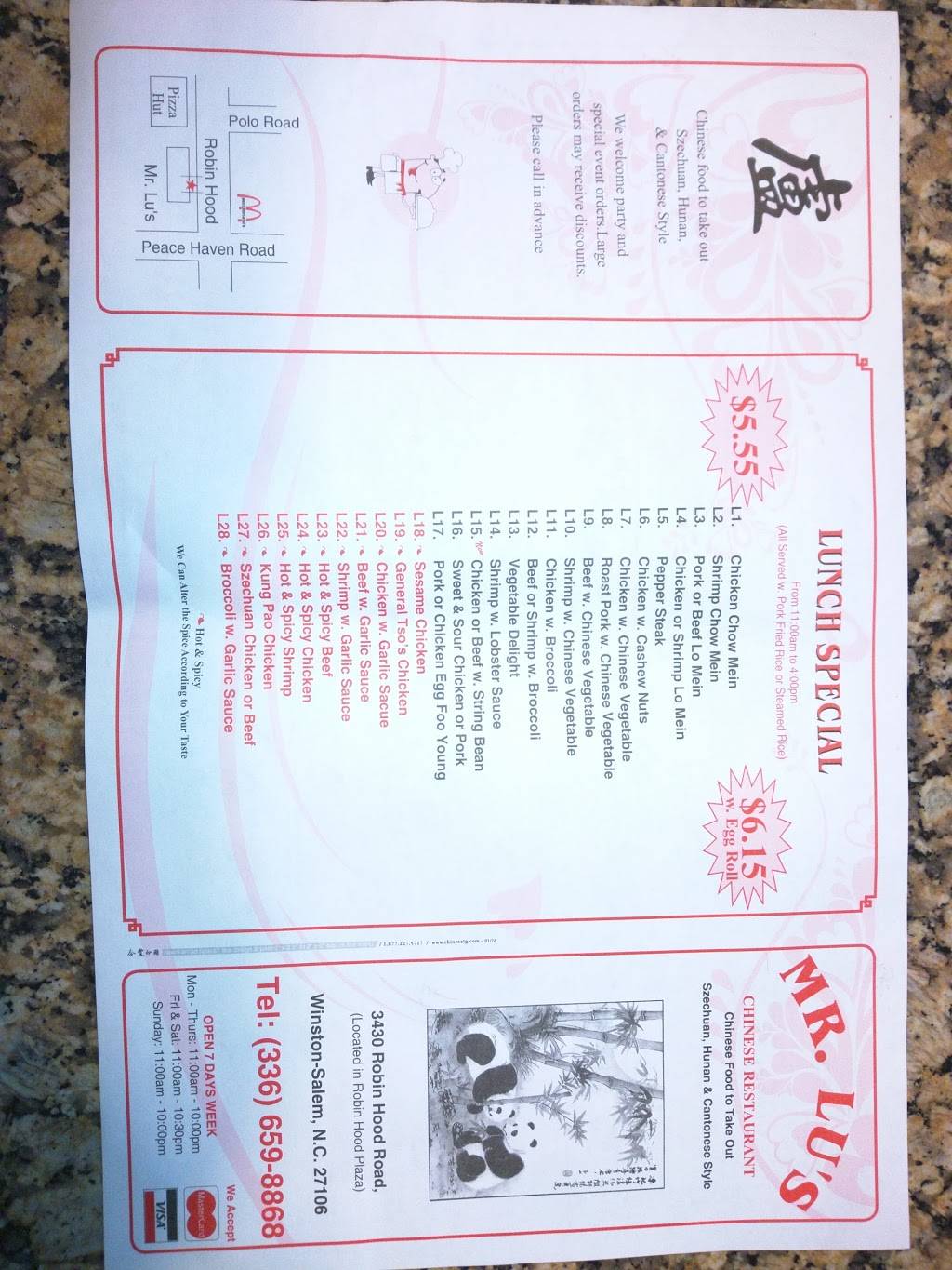 Mr Lus Chinese Restaurant | restaurant | 3430 Robinhood Rd, Winston-Salem, NC 27106, USA | 3366598868 OR +1 336-659-8868