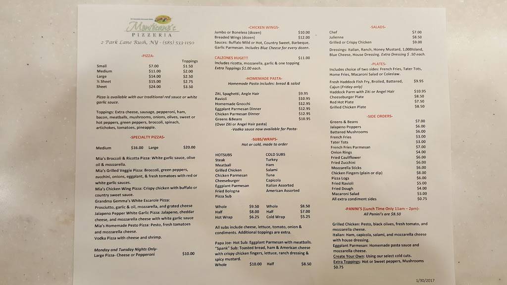 Montesanos Pizza | restaurant | 2 Park Ln, Rush, NY 14543, USA | 5855331150 OR +1 585-533-1150