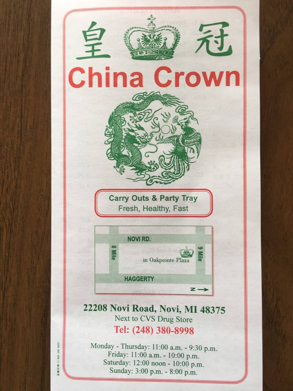 China Crown | restaurant | 22208 Novi Rd, Novi, MI 48375, USA | 2483808998 OR +1 248-380-8998