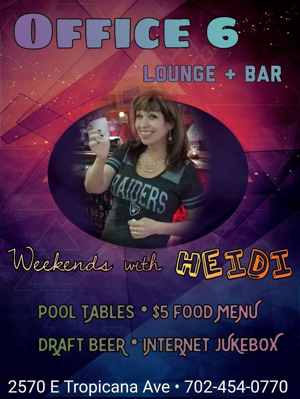 Office 6 Lounge & Bar | restaurant | 2570 E Tropicana Ave, Las Vegas, NV 89121, USA | 7024540770 OR +1 702-454-0770