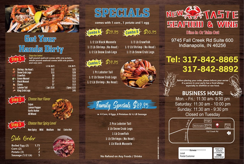 New Taste Seafood & Wing | restaurant | 9745 Fall Creek Rd #600, Indianapolis, IN 46256, USA | 3178428865 OR +1 317-842-8865