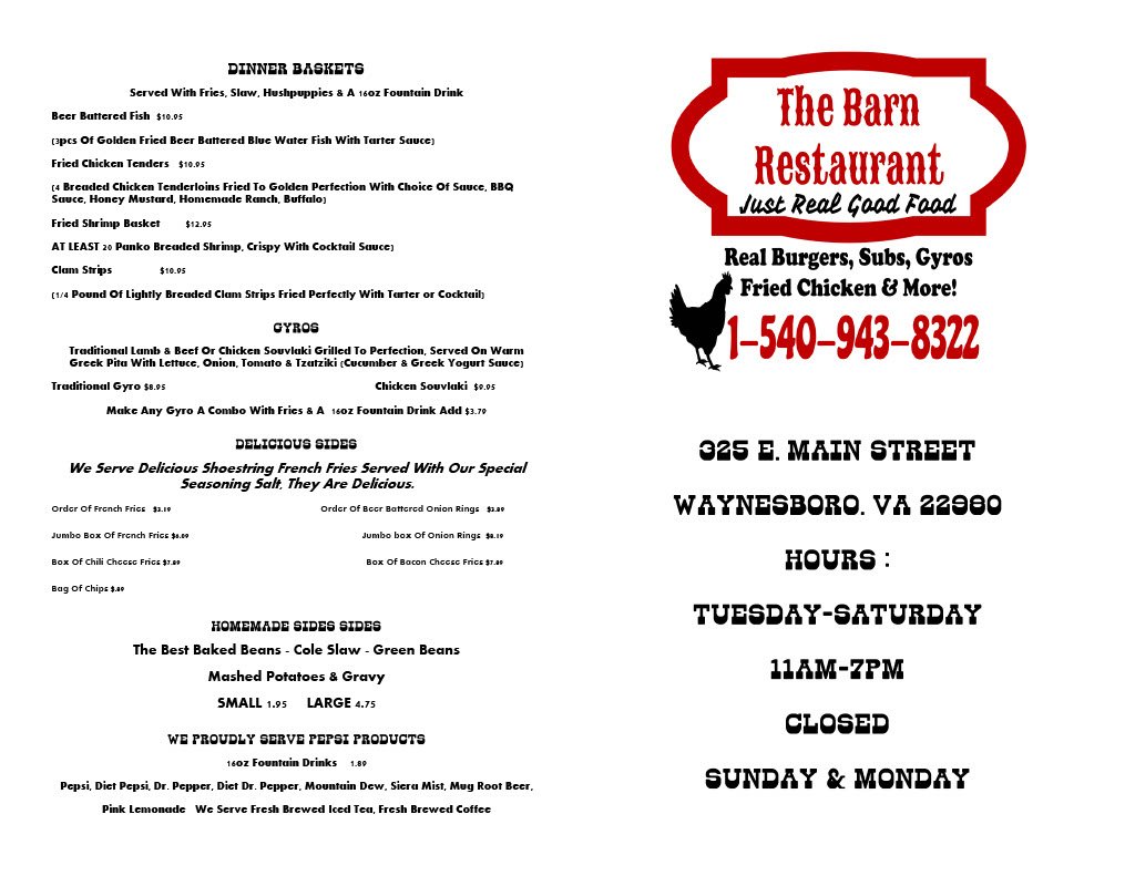 The Barn Restaurant | restaurant | 325 E Main St, Waynesboro, VA 22980, USA | 5409438322 OR +1 540-943-8322