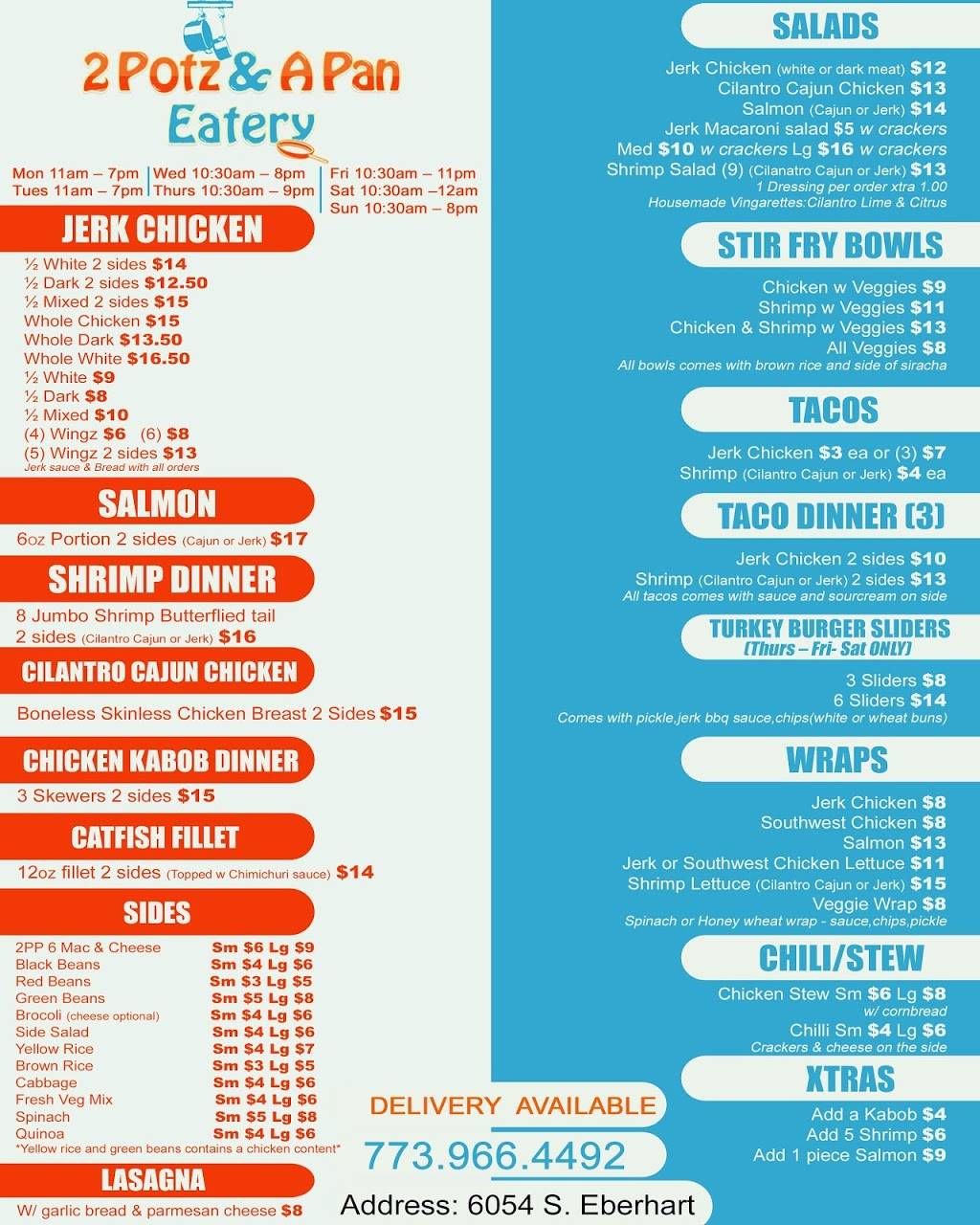 2 Potz & A Pan Eatery | restaurant | 6054 S Eberhart Ave, Chicago, IL 60637, USA | 7739664492 OR +1 773-966-4492