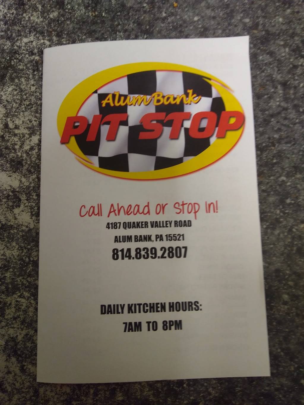 Alum Bank Pit Stop | restaurant | 4187 Quaker Valley Rd, Pleasantville, PA 15521, USA | 8148392807 OR +1 814-839-2807
