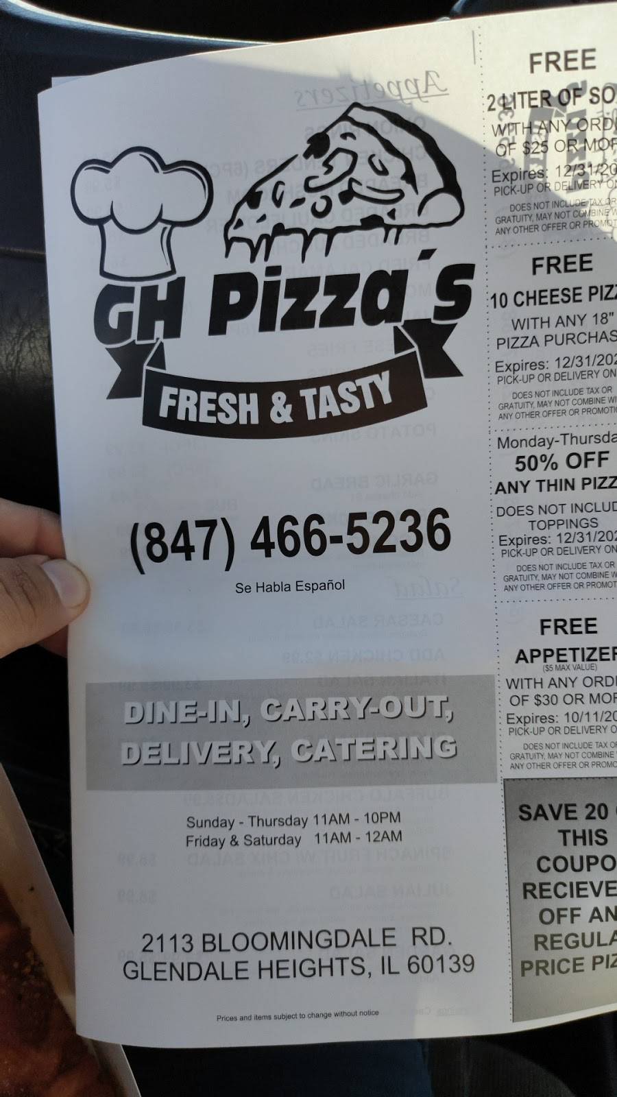 GH Pizzas | restaurant | 2113 Bloomingdale Rd, Glendale Heights, IL 60139, USA | 8474665236 OR +1 847-466-5236