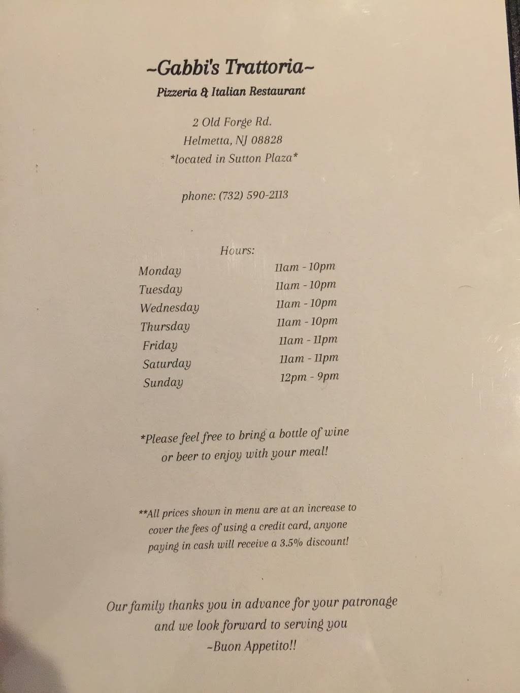 Gabbis Trattoria | restaurant | 2 Old Forge Rd, Helmetta, NJ 08828, USA | 7325902113 OR +1 732-590-2113