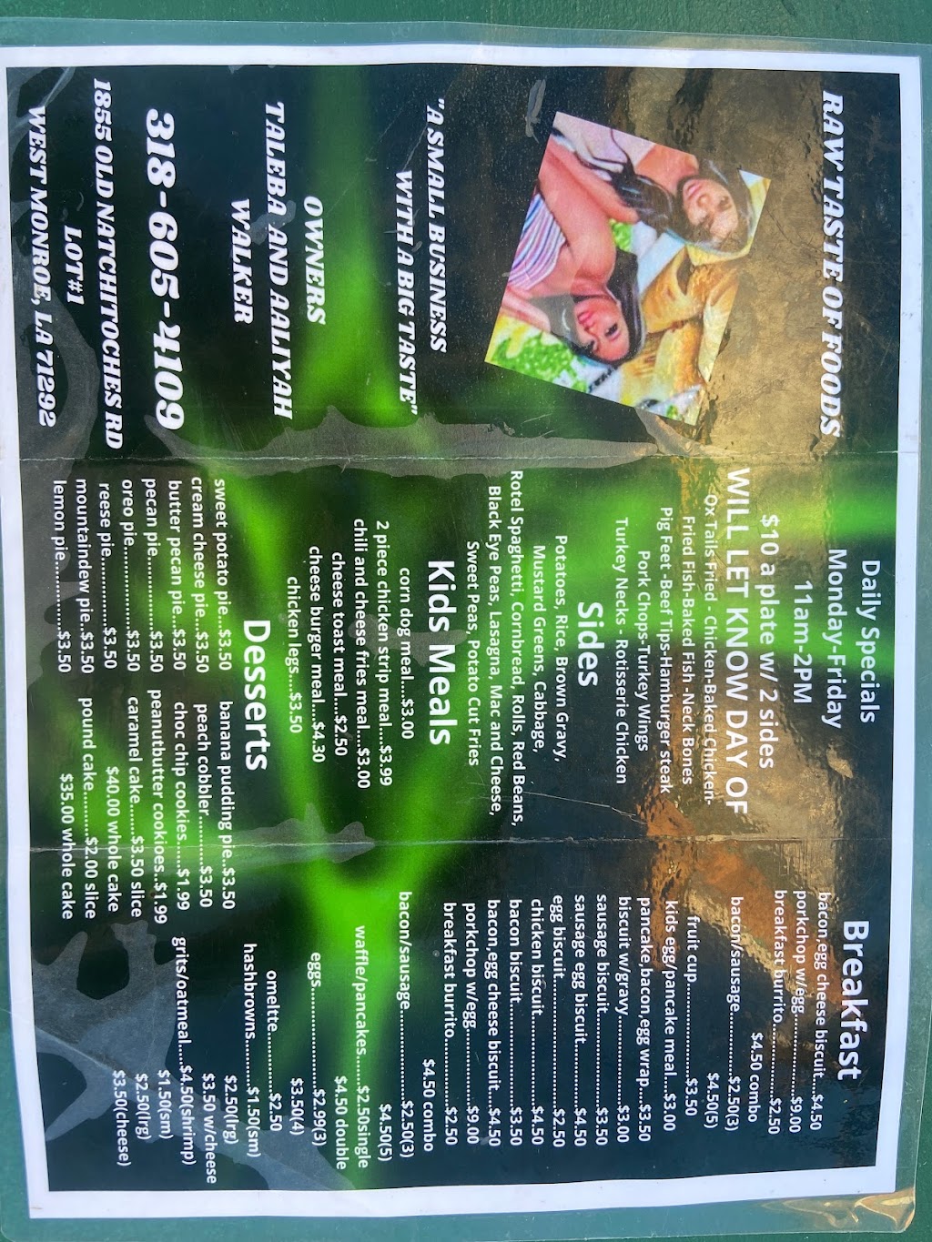 Raw taste of Foods | restaurant | 1855 Old Natchitoches Rd lot 1, West Monroe, LA 71292, USA | 3186054109 OR +1 318-605-4109