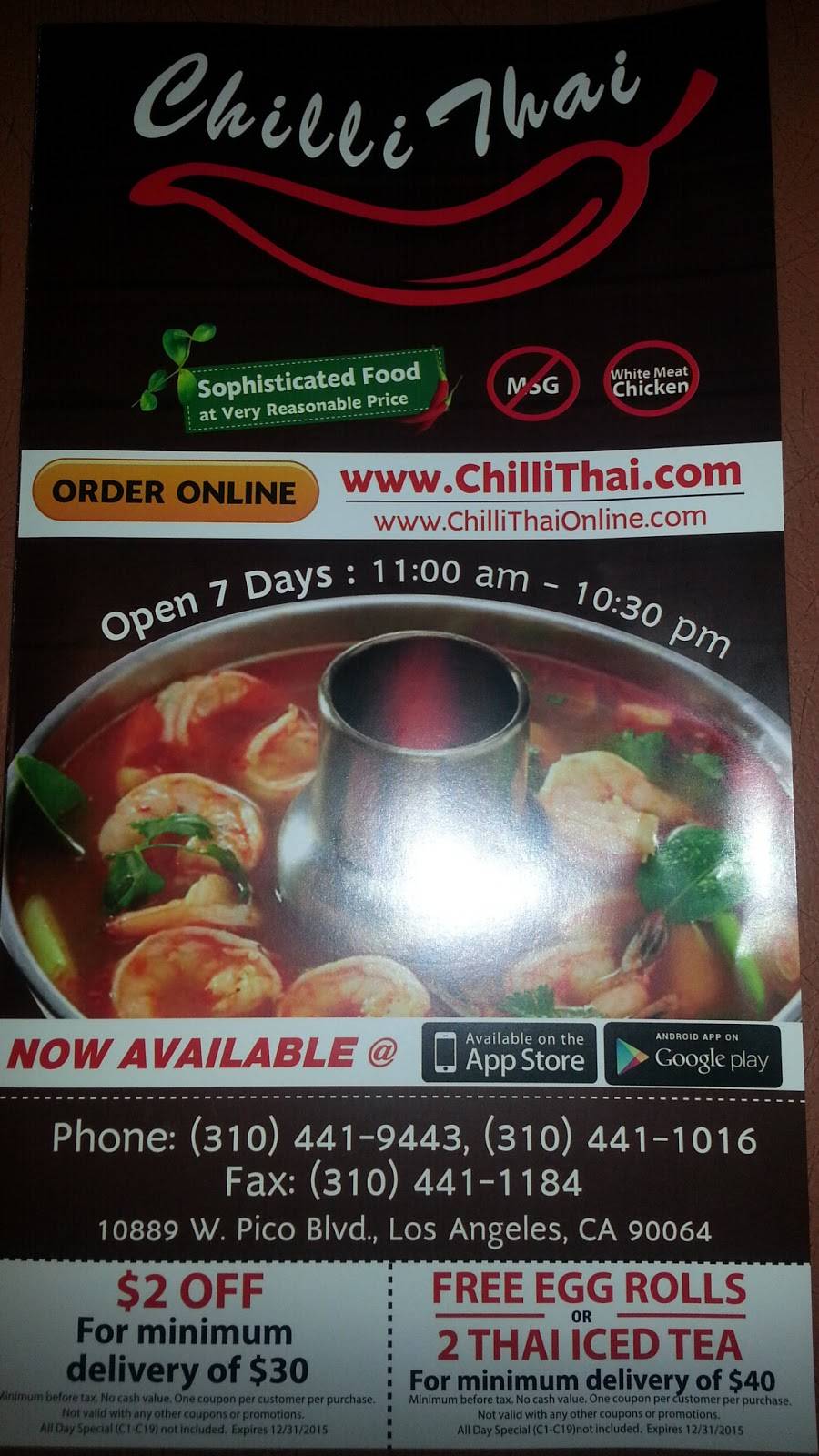 Chilli Thai | restaurant | 2114, 10889 Pico Blvd, Los Angeles, CA 90064, USA | 3104419443 OR +1 310-441-9443