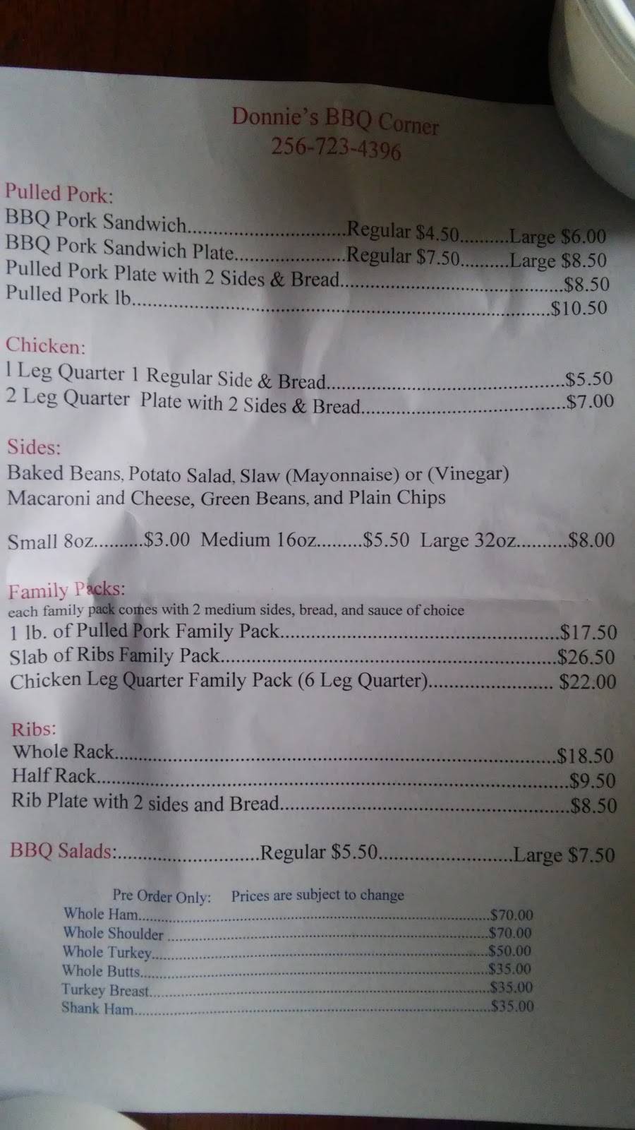 Donnies BBQ Corner | restaurant | 2517 Oak Grove Rd, New Hope, AL 35760, USA | 2567234396 OR +1 256-723-4396