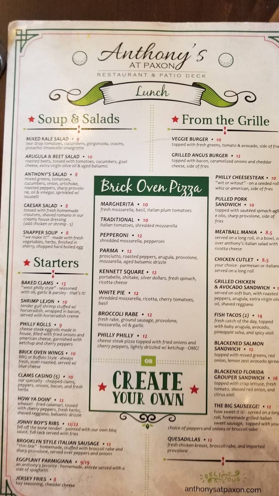 Anthonys At Paxon | restaurant | 850 Paxon Hollow Rd, Broomall, PA 19008, USA | 6103530220 OR +1 610-353-0220