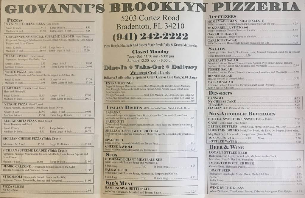 Giovanni’s Brooklyn Pizzeria | restaurant | 5203 Cortez Rd W, Bradenton, FL 34210, USA | 9412422222 OR +1 941-242-2222