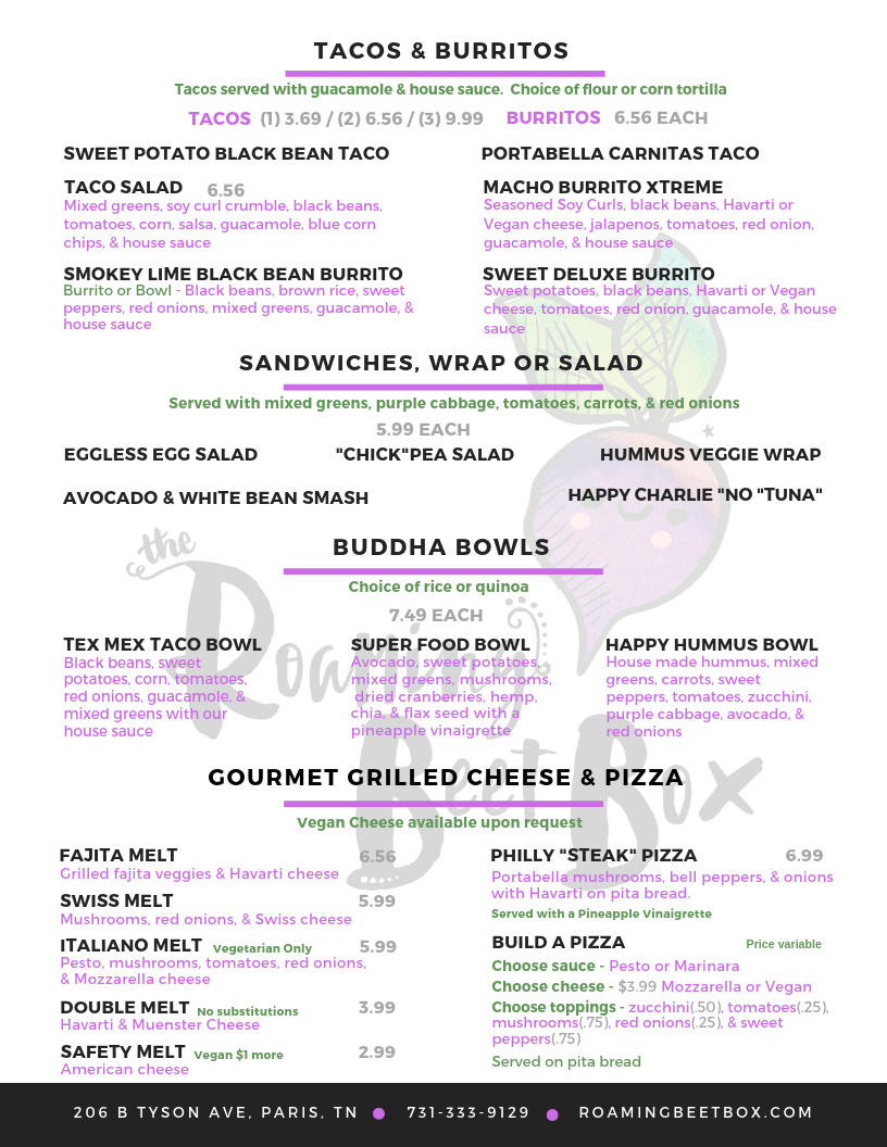 Roaming Beet Box | restaurant | 206B Tyson Ave, Paris, TN 38242, USA | 7314079012 OR +1 731-407-9012