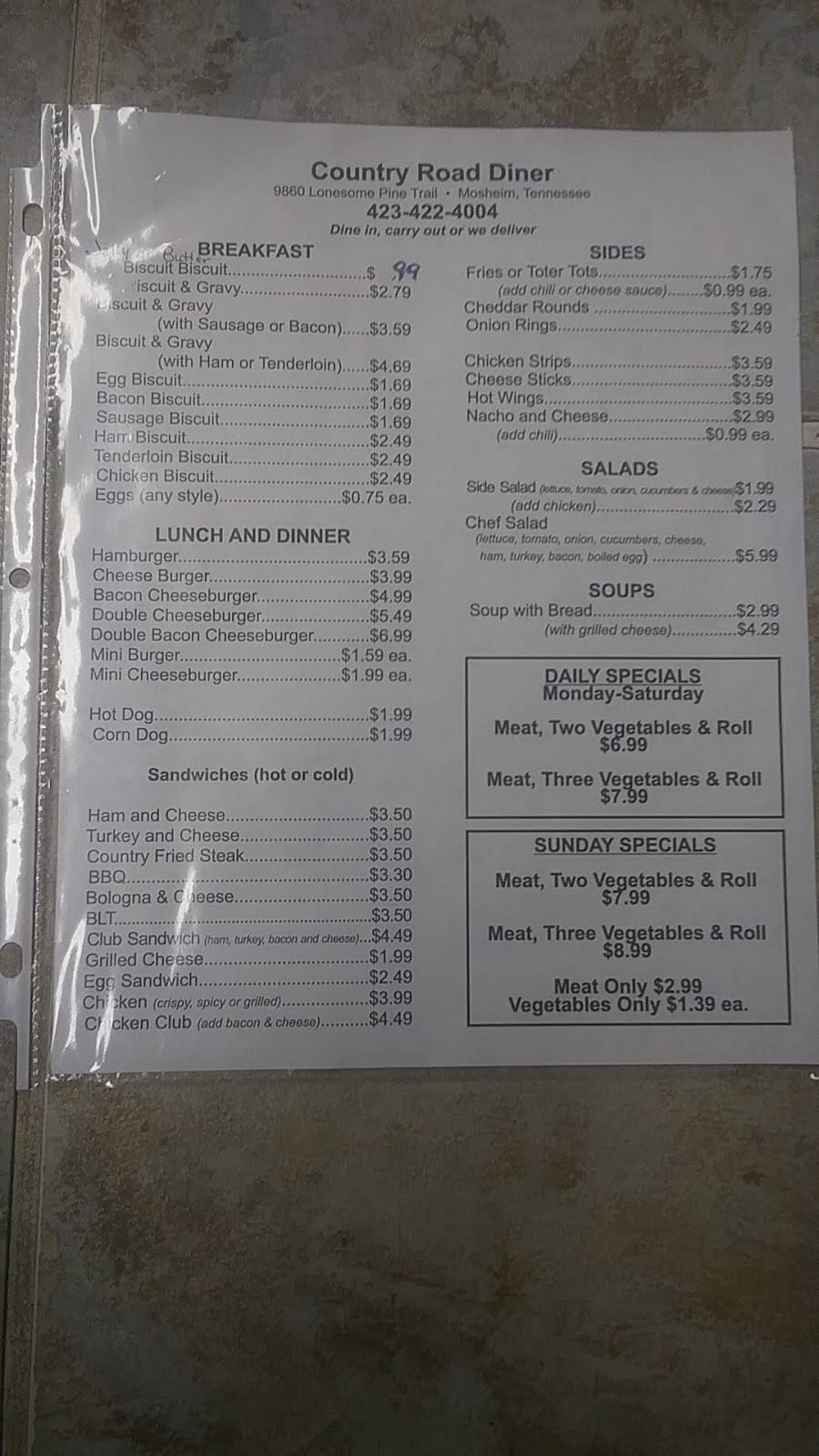 Country Road Diner | restaurant | 9860 Lonesome Pine Trail, Mosheim, TN 37818, USA | 4234224004 OR +1 423-422-4004