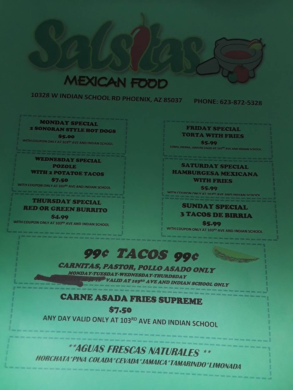 Salsitas Mexican Food | restaurant | 10328 W Indian School Rd, Phoenix, AZ 85037, USA | 6238725328 OR +1 623-872-5328
