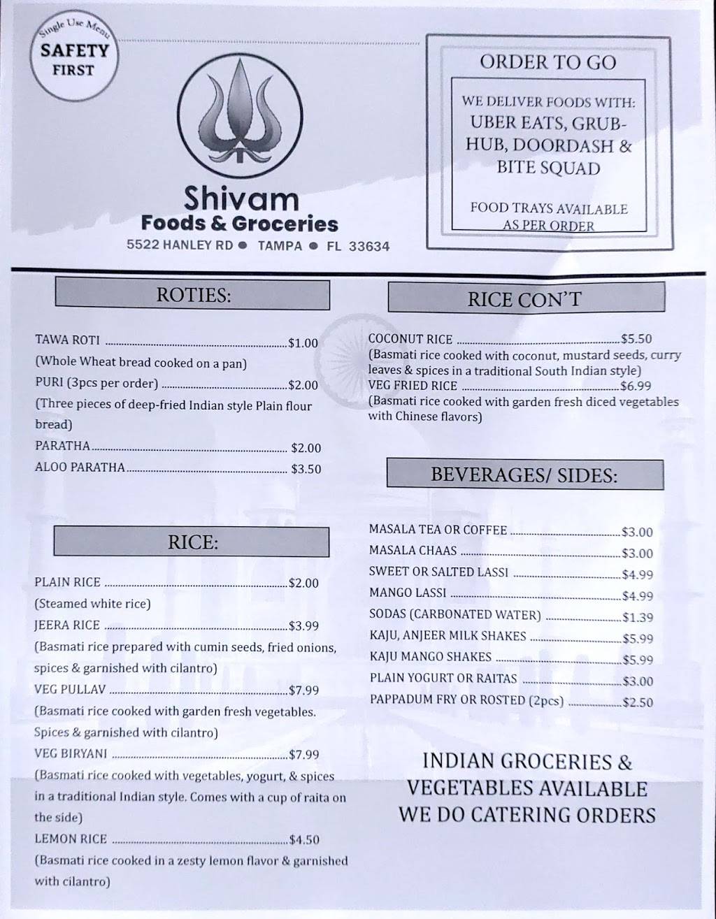 Shivam Foods & Groceries | restaurant | 5522 Hanley Rd, Tampa, FL 33634, USA | 8135707329 OR +1 813-570-7329