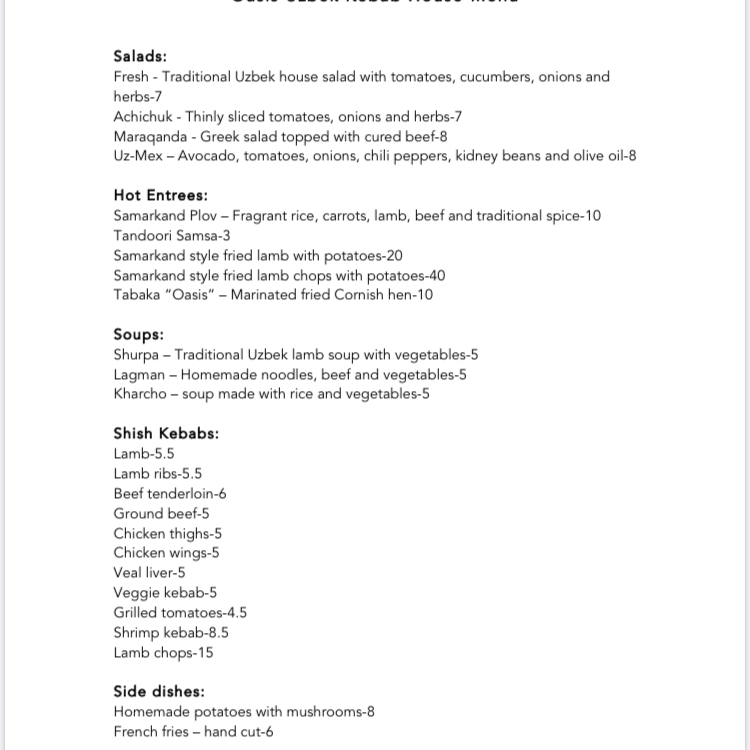 Oasis Uzbek Kebab House | restaurant | 1430 Reisterstown Rd, Pikesville, MD 21208, USA | 4107779700 OR +1 410-777-9700