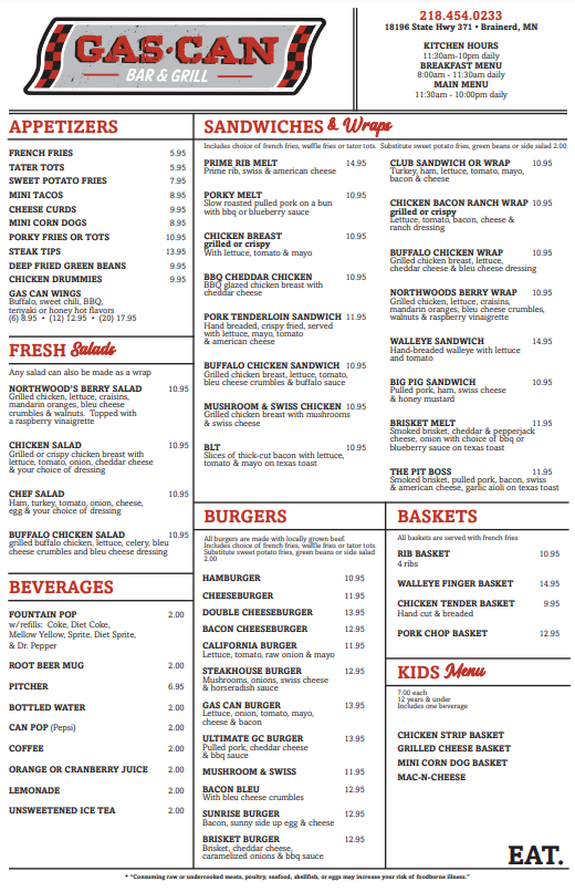 Gas Can Bar & Grill | restaurant | 18196 MN-371, Brainerd, MN 56401, USA | 2184540233 OR +1 218-454-0233