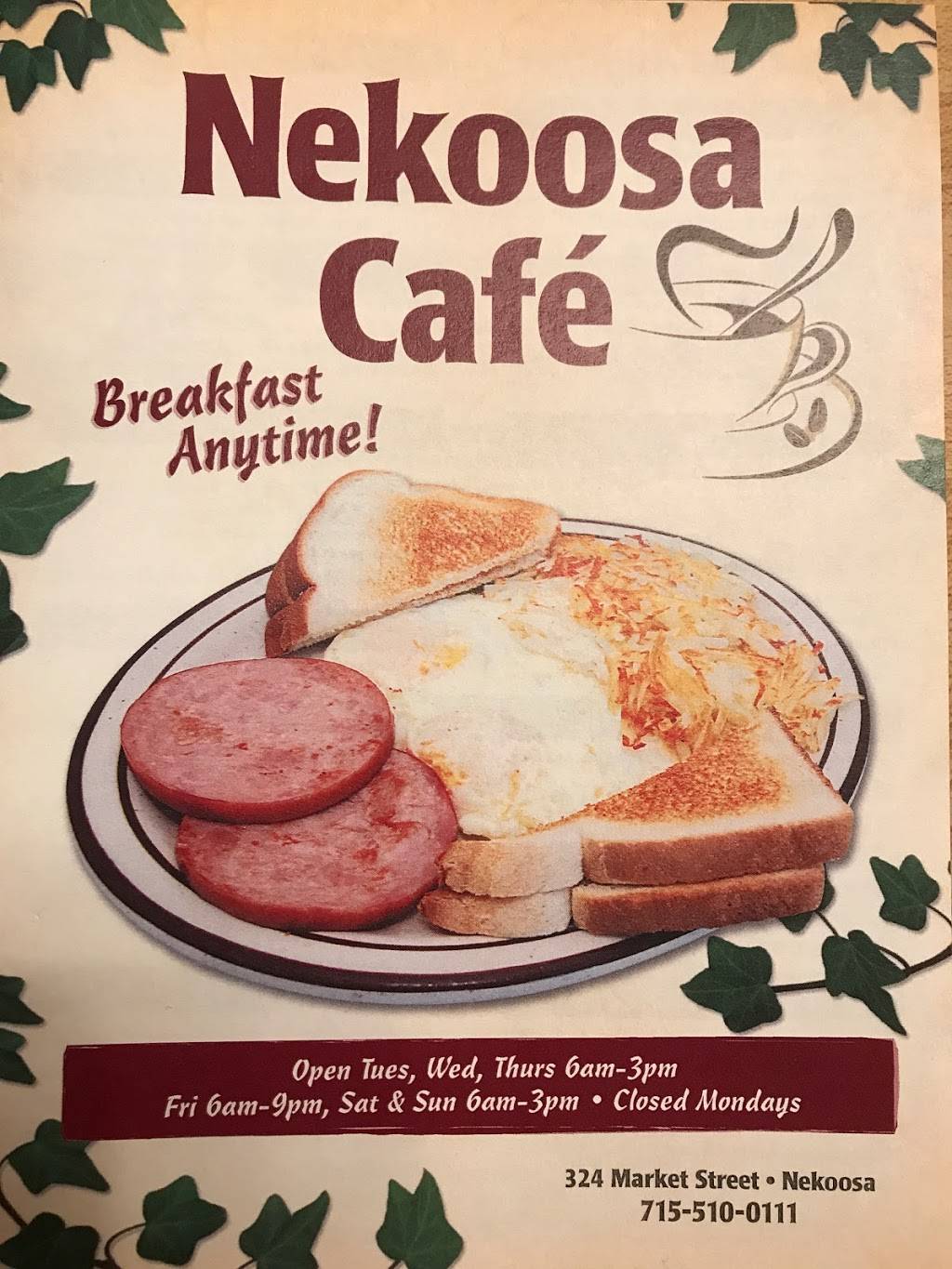 Nekoosa cafe | restaurant | 324 Market St, Nekoosa, WI 54457, USA | 7155100111 OR +1 715-510-0111