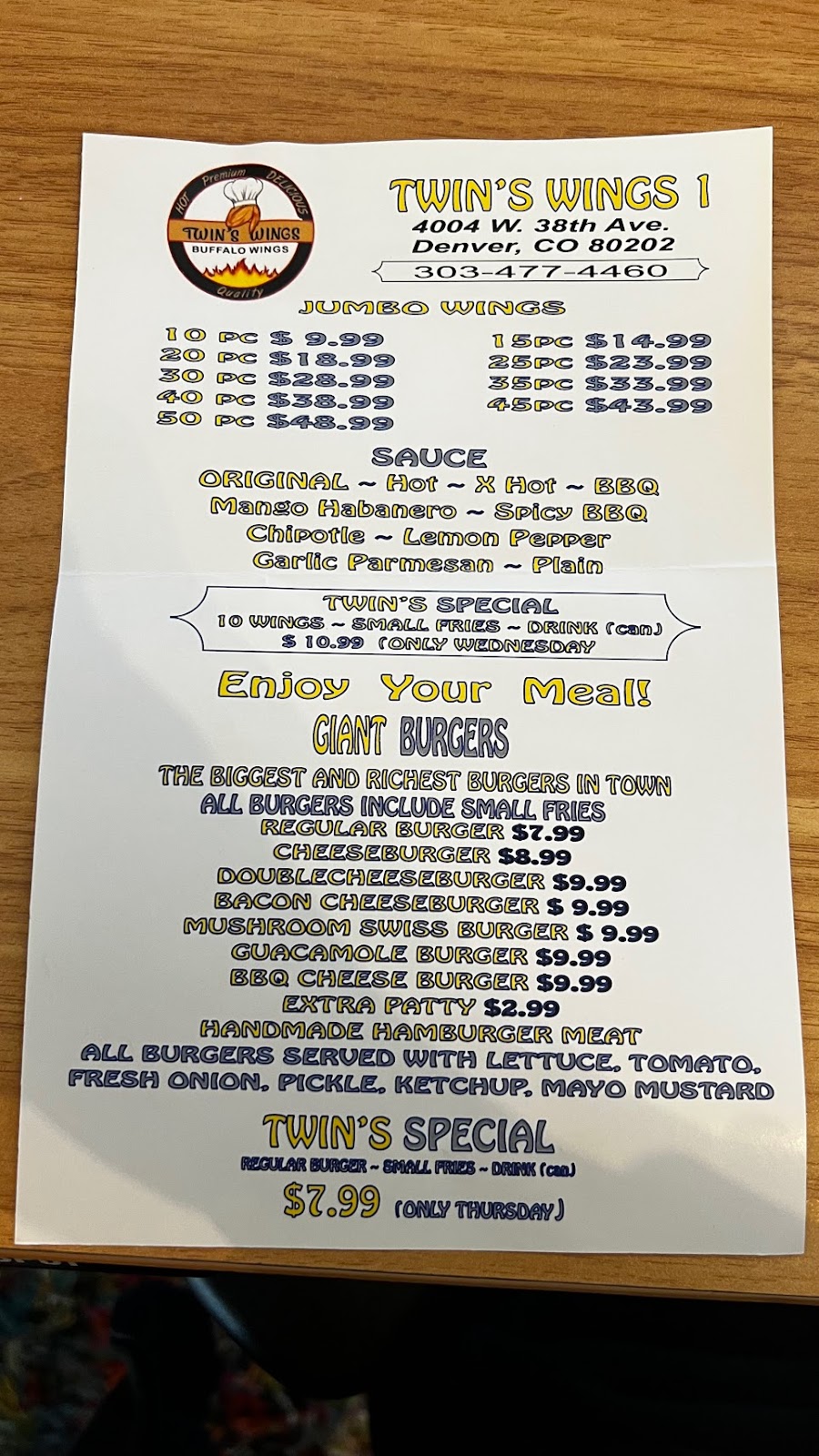 TWIN WINGS | restaurant | 4004 W 38th Ave, Denver, CO 80212, USA | 3034774460 OR +1 303-477-4460