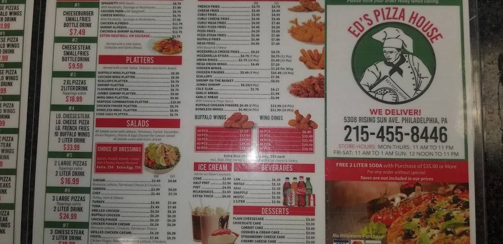Eds Pizza House | restaurant | 5308 Rising Sun Ave, Philadelphia, PA 19120, USA | 2154558446 OR +1 215-455-8446