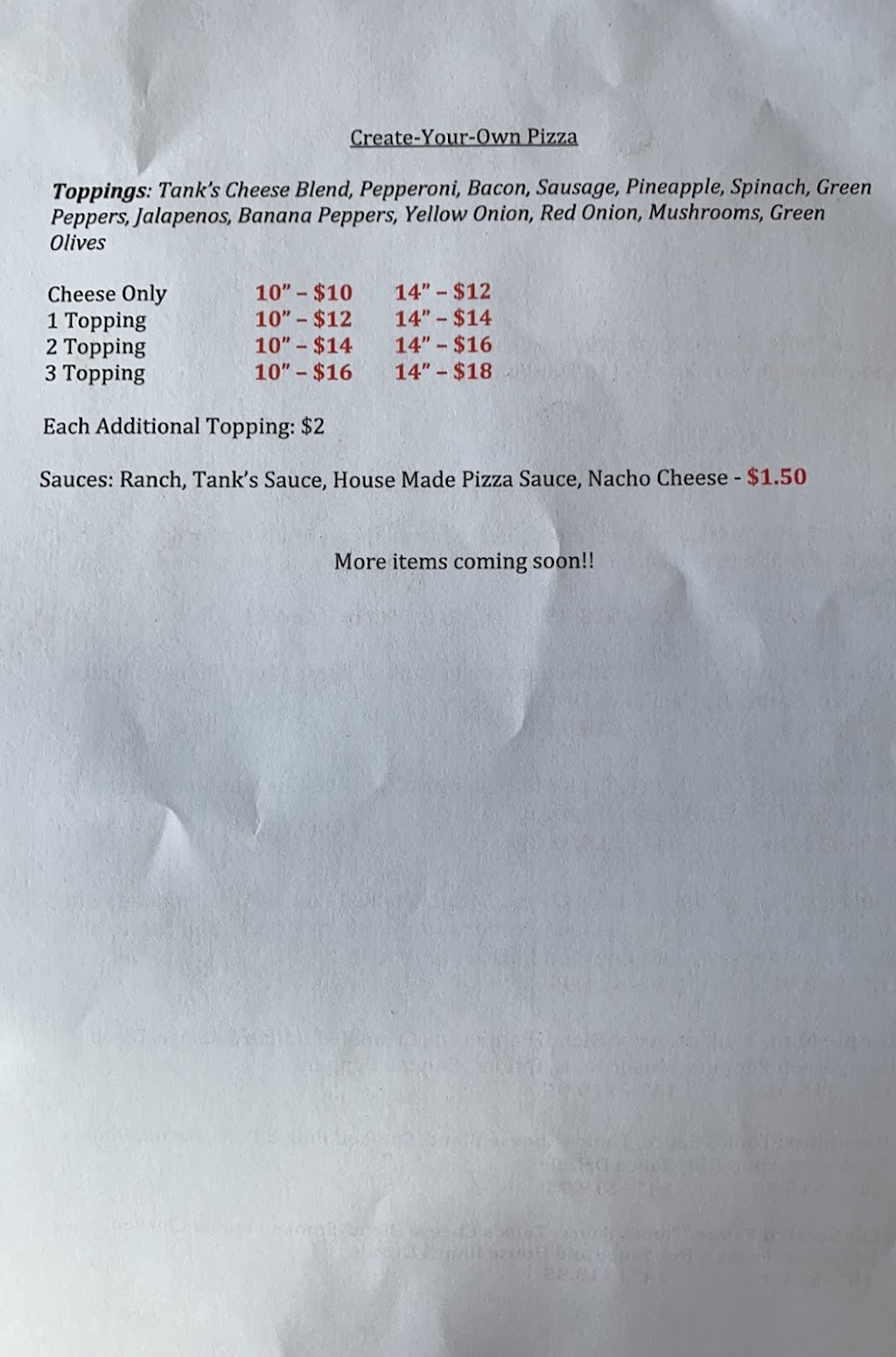 Tanks Pizza | restaurant | 1425 E Morgan St, Kokomo, IN 46901, USA | 7654507054 OR +1 765-450-7054