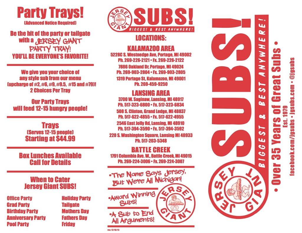 Jersey Giant SUBS! | restaurant | 1791 W Columbia Ave, Battle Creek, MI 49015, USA | 2692243006 OR +1 269-224-3006
