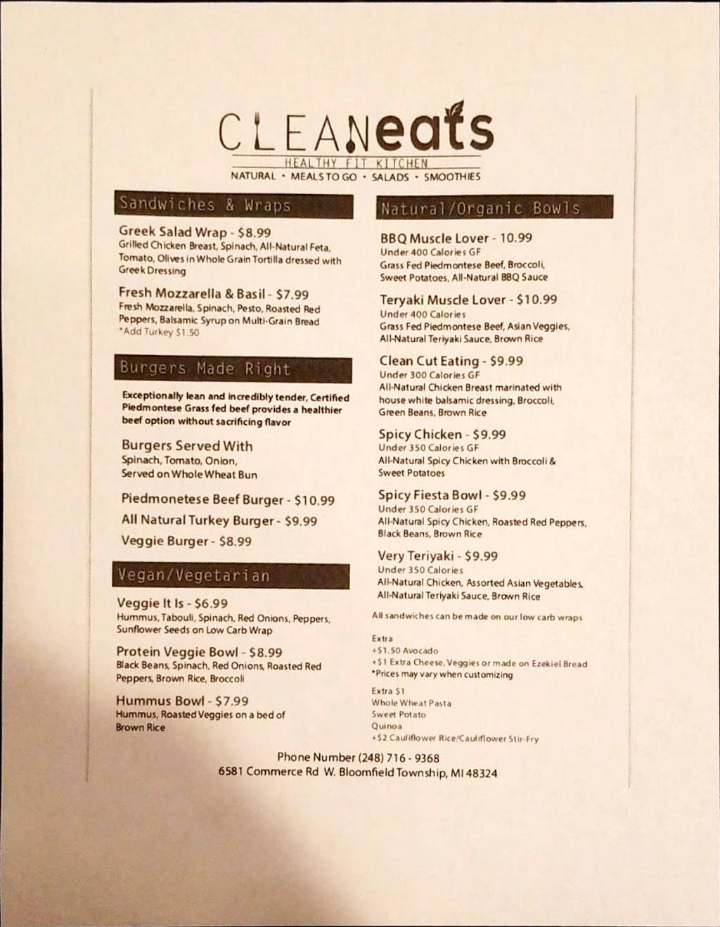 Clean Eats | restaurant | 6581 Commerce Rd, West Bloomfield Township, MI 48324, USA | 2487169368 OR +1 248-716-9368