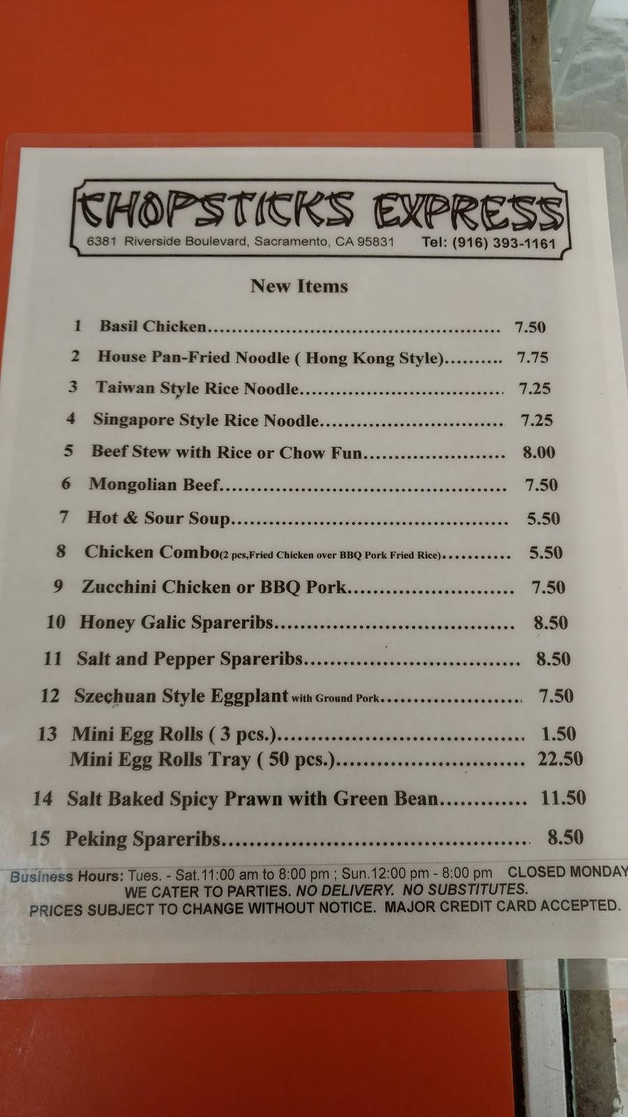 Chopsticks Express | restaurant | 6381 Riverside Blvd, Sacramento, CA 95831, USA | 9163931161 OR +1 916-393-1161