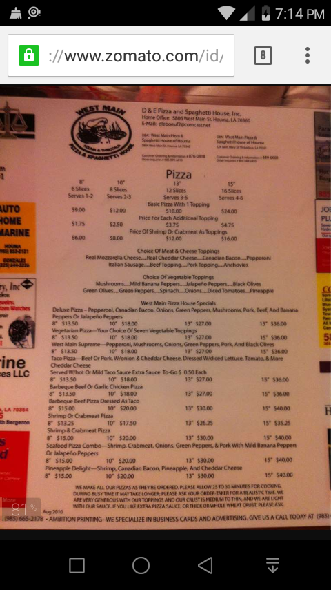 West Main Pizza & Spaghetti | restaurant | 5804 W Main St, Houma, LA 70360, USA | 9858760818 OR +1 985-876-0818