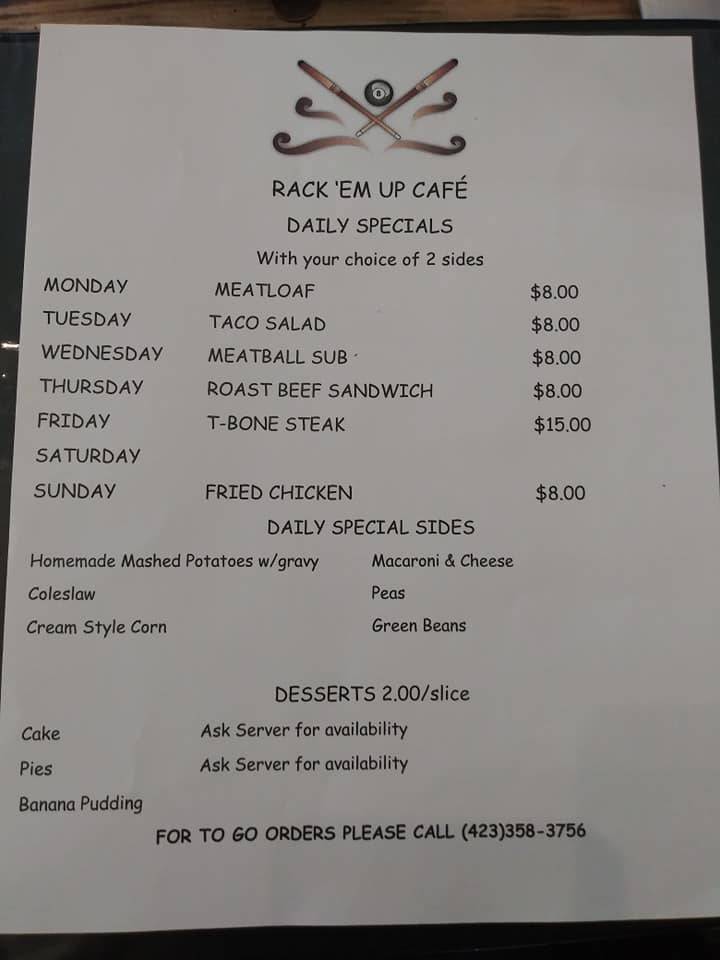 Rack Em Up | restaurant | 219 TN-346, Rogersville, TN 37857, USA | 4233583756 OR +1 423-358-3756