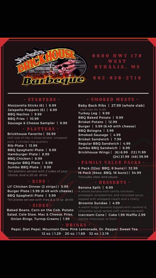Jimbos Brickhouse BBQ | restaurant | 8600 MS-178, Byhalia, MS 38611, USA | 6628382714 OR +1 662-838-2714