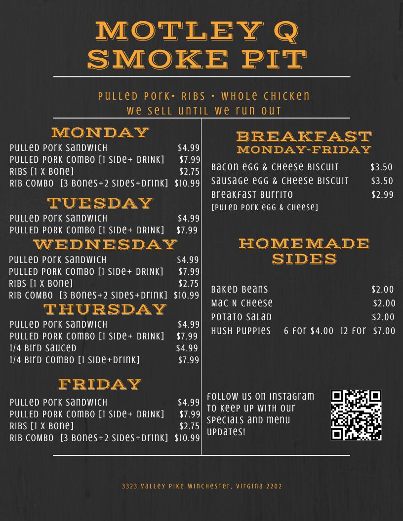 Motley Q Smoke Pit | restaurant | 3323 Valley Pike, Winchester, VA 22602, USA | 5407220060 OR +1 540-722-0060