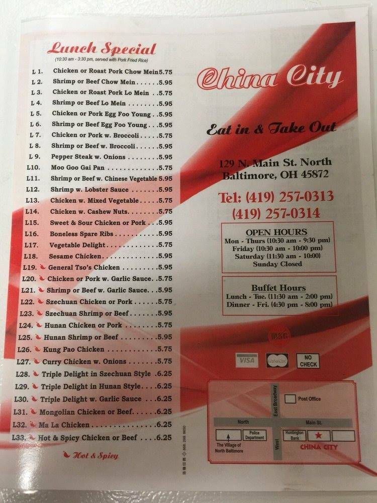 China City | restaurant | 129 N Main St, North Baltimore, OH 45872, USA | 4192570313 OR +1 419-257-0313
