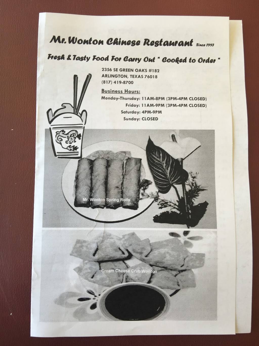 Mr Wonton Chinese Restaurant | restaurant | 2356 SE Green Oaks Blvd, Arlington, TX 76018, USA | 8174198700 OR +1 817-419-8700