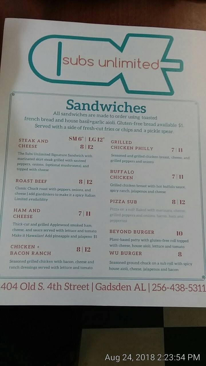 Subs Unlimited | restaurant | 1404 Old S 4th St, Gadsden, AL 35901, USA | 2564385311 OR +1 256-438-5311