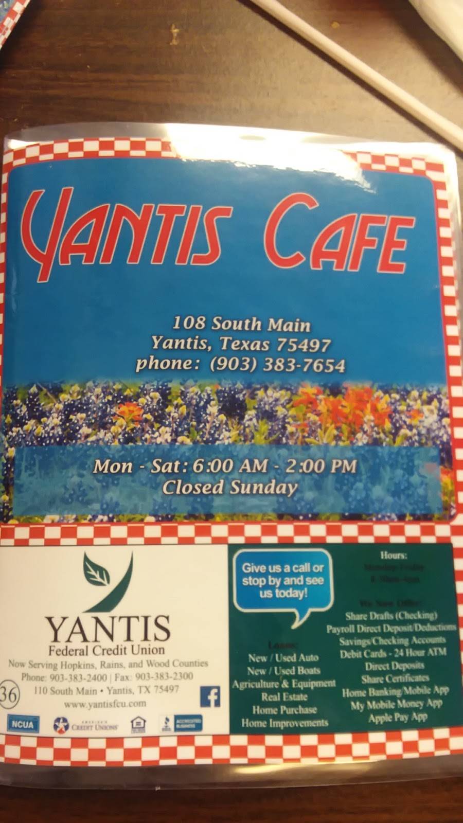 Yantis Cafe | restaurant | 108 South Main Street, Yantis, TX 75497, USA | 9033837654 OR +1 903-383-7654