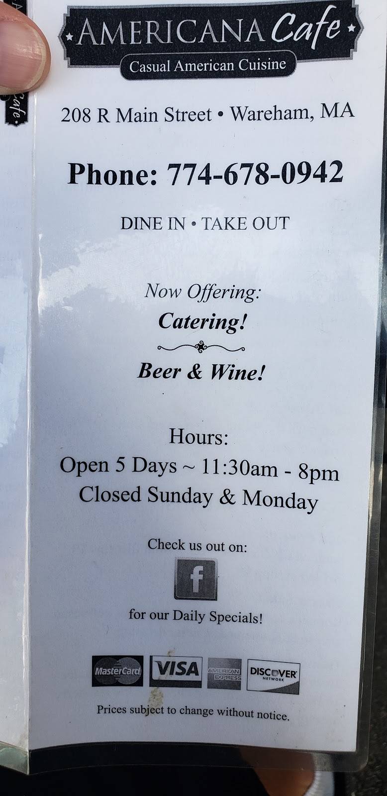 Americana Cafe | restaurant | 208R Main St, Wareham, MA 02571, USA | 7746780942 OR +1 774-678-0942