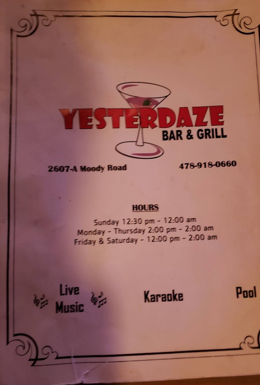Yesterdaze Bar & Grill | restaurant | 2607 Moody Rd A, Warner Robins, GA 31088, USA | 4789180660 OR +1 478-918-0660