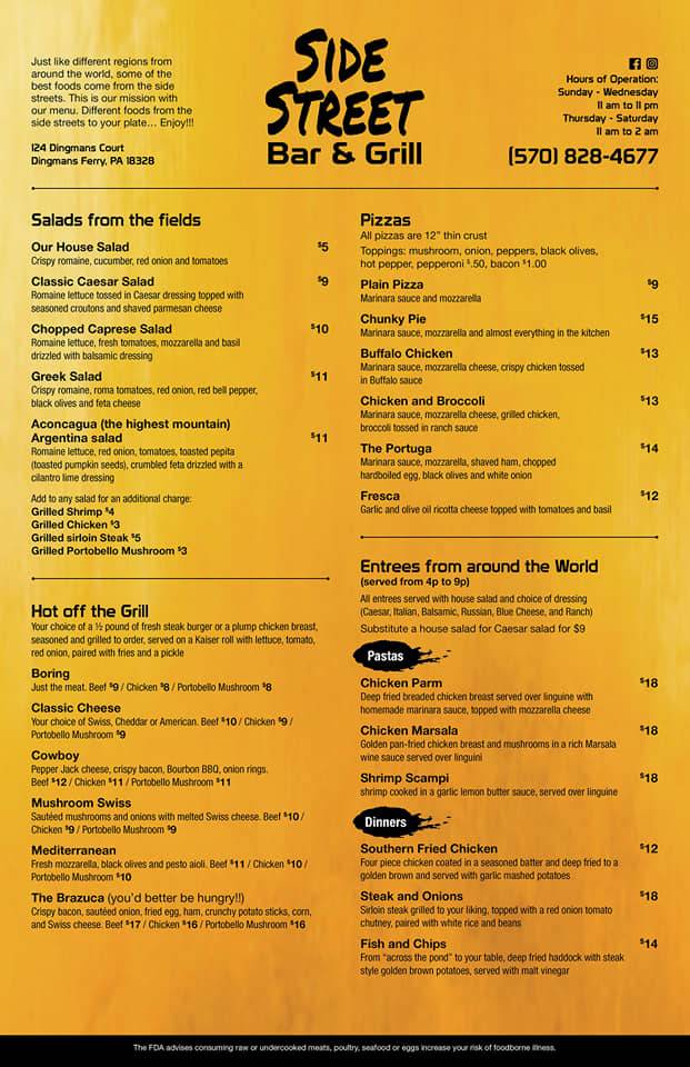 SideStreet Bar & Grill | restaurant | 124 Dingmans Ct, Dingmans Ferry, PA 18328, USA | 5708284677 OR +1 570-828-4677