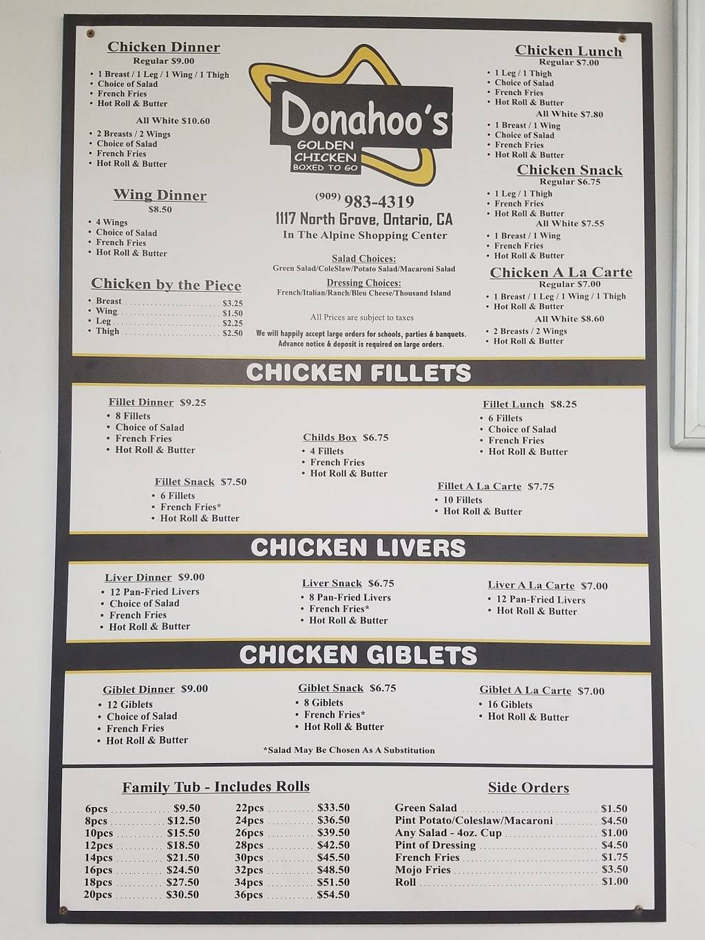 Donahoos Golden Chicken | restaurant | 1117 N Grove Ave, Ontario, CA 91764, USA | 9099834319 OR +1 909-983-4319