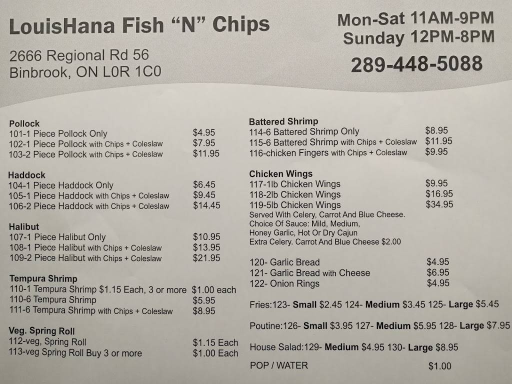 LouisHana Fish & Chips | restaurant | 2666 Hamilton Regional Rd 56, Binbrook, ON L0R 1C0, Canada | 2894485088 OR +1 289-448-5088