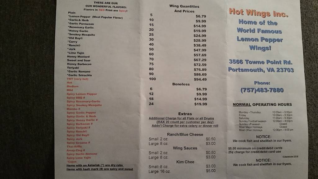Hot Wings | restaurant | 3566 Towne Point Rd, Portsmouth, VA 23703, USA | 7574837880 OR +1 757-483-7880