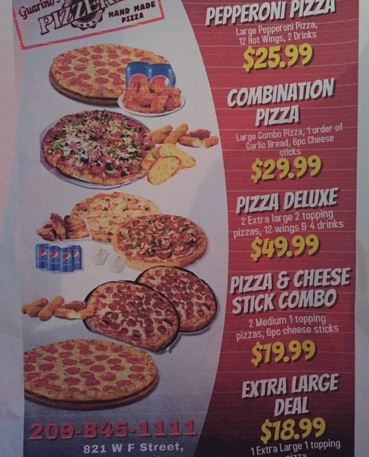 Guarinos Pizzeria | restaurant | 821 W F St, Oakdale, CA 95361, USA | 2098451111 OR +1 209-845-1111