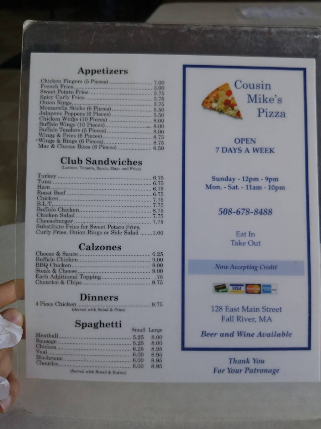 Cousin Mikes Pizza | restaurant | 128 E Main St, Fall River, MA 02724, USA | 5086788488 OR +1 508-678-8488