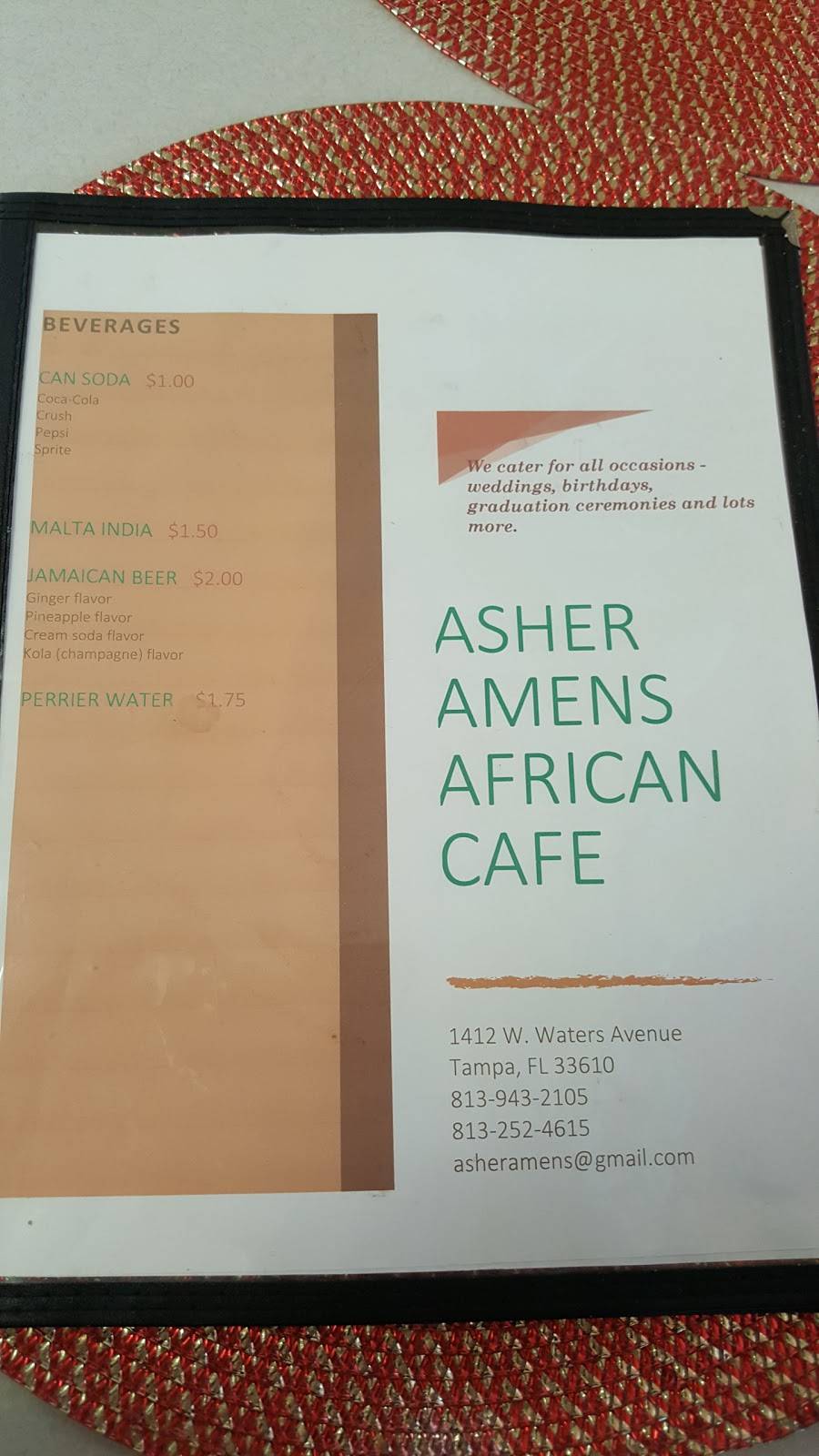 Asher Amens African Cafe | restaurant | 1412 W Waters Ave, Tampa, FL 33604, USA | 8139432105 OR +1 813-943-2105